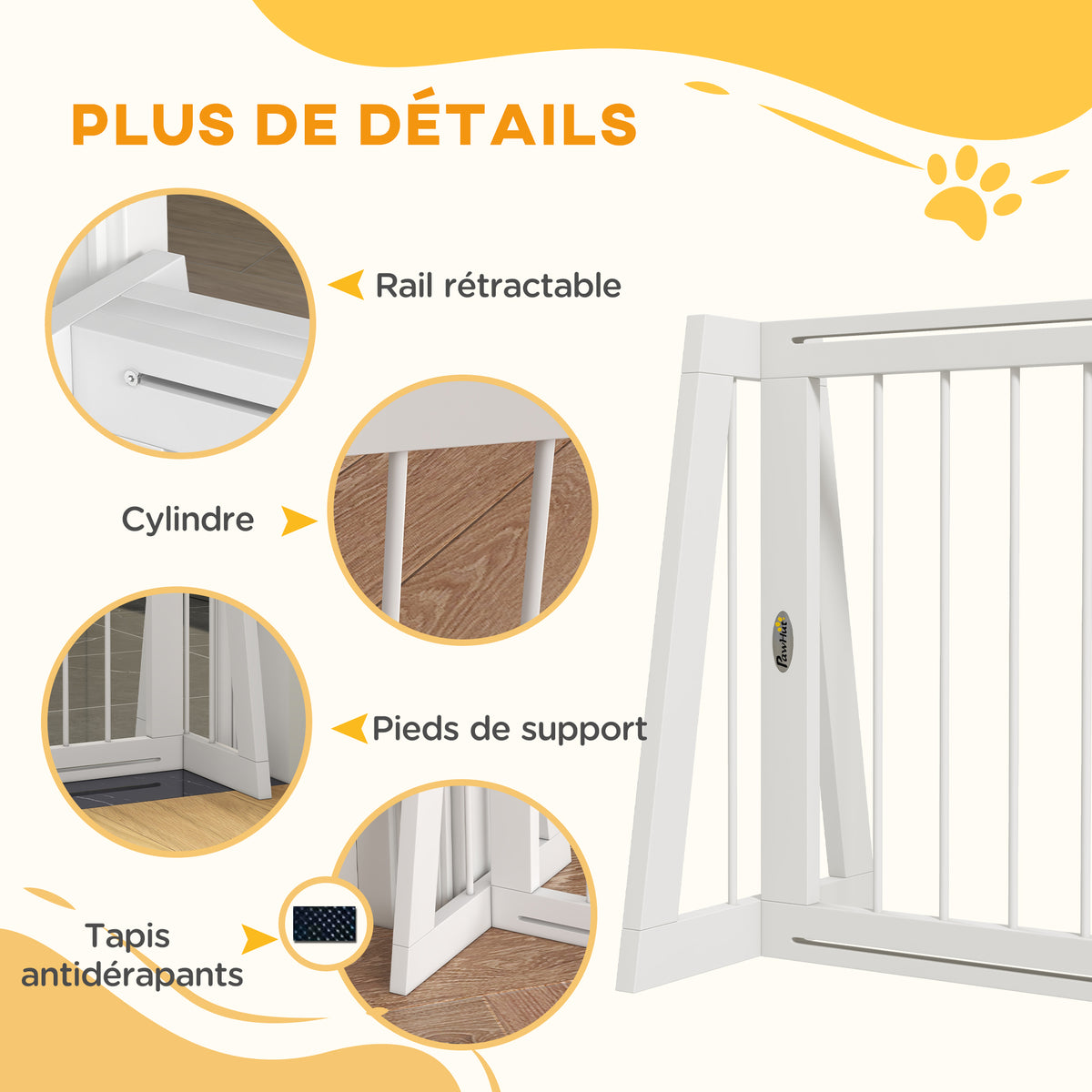Barrière de sécurité pour chien barrière de protection à 3 panneaux rétractable 71-190 cm en bois - blanc-6