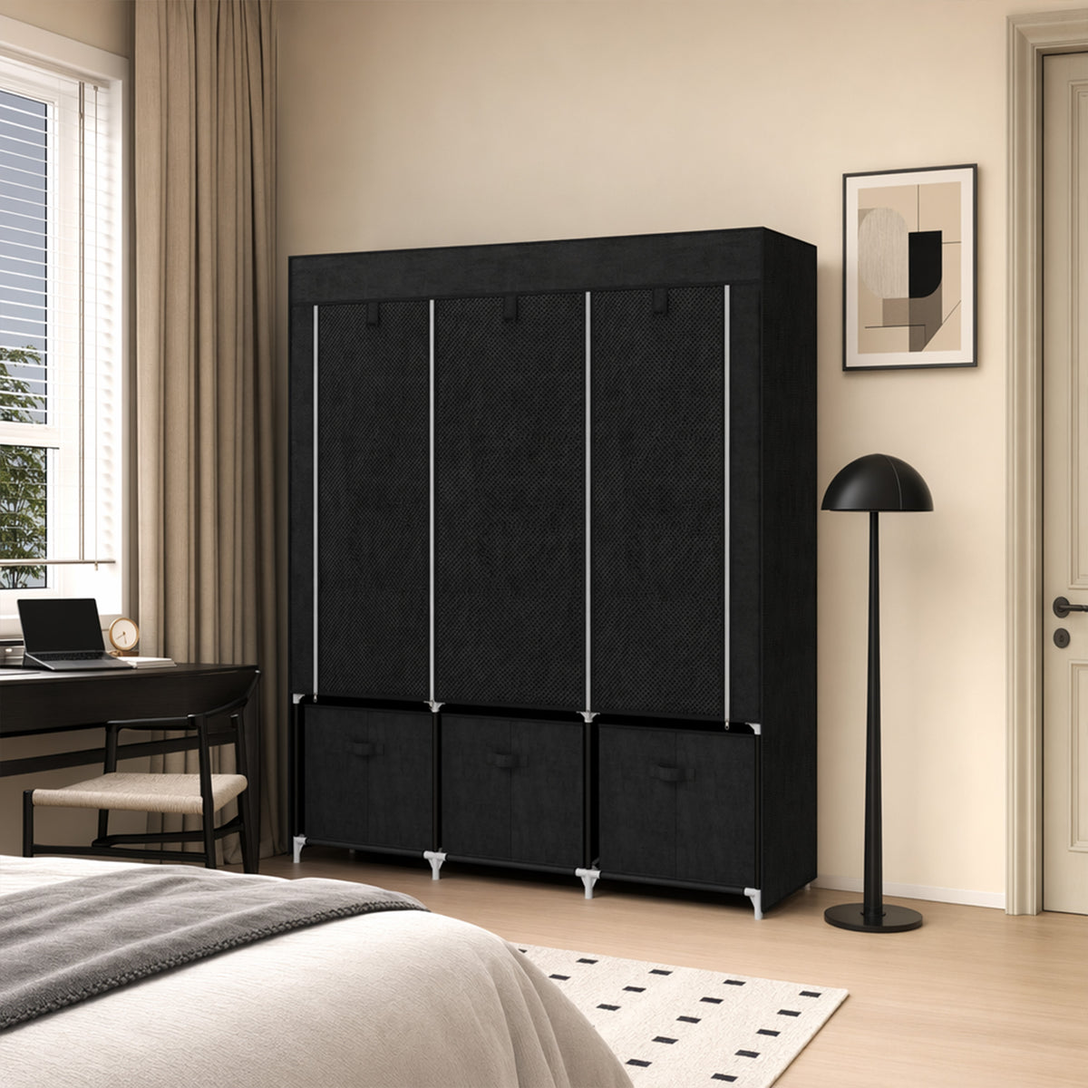 Armoire de rangement en tissu pliable avec 5 étagères, 2 tringles et 3 tiroirs en tissu 125L x 43l x 162.5H cm-1