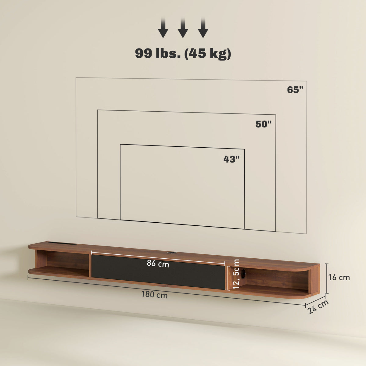 Meuble TV Suspendu, Meuble Télé pour Téléviseur jusqu'à 75 Pouces, Tiroir Rabattable, 2 Étagères, 180x24x16cm, Noyer-2