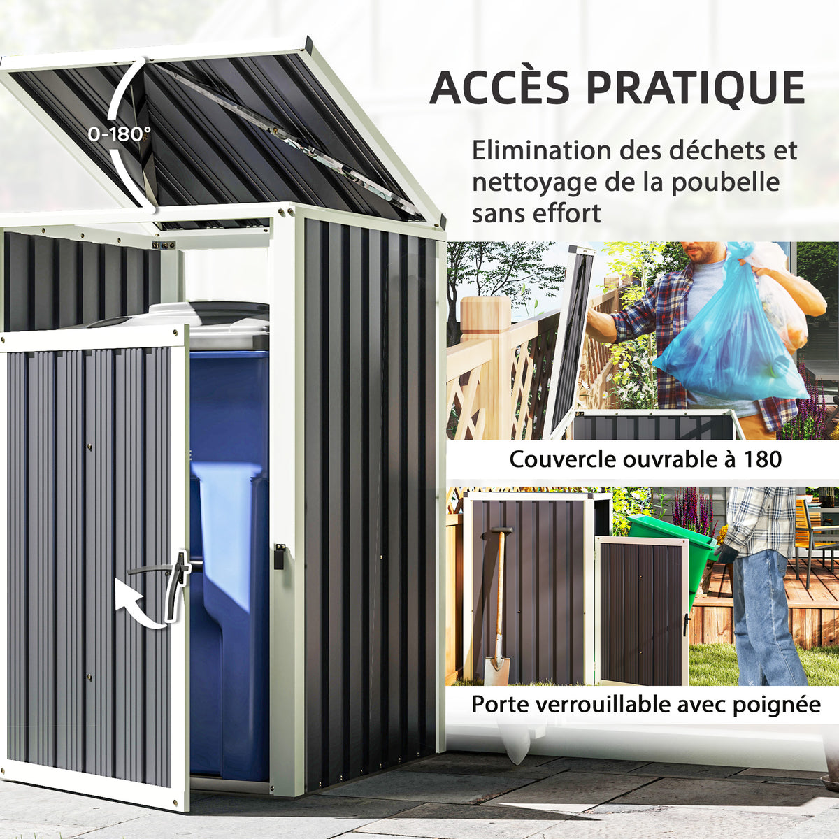 Abri pour 1 poubelle 240L cache poubelle extérieur couvercle relevable 180° acier galvanisé 73 x 81 x 122 cm gris foncé-4