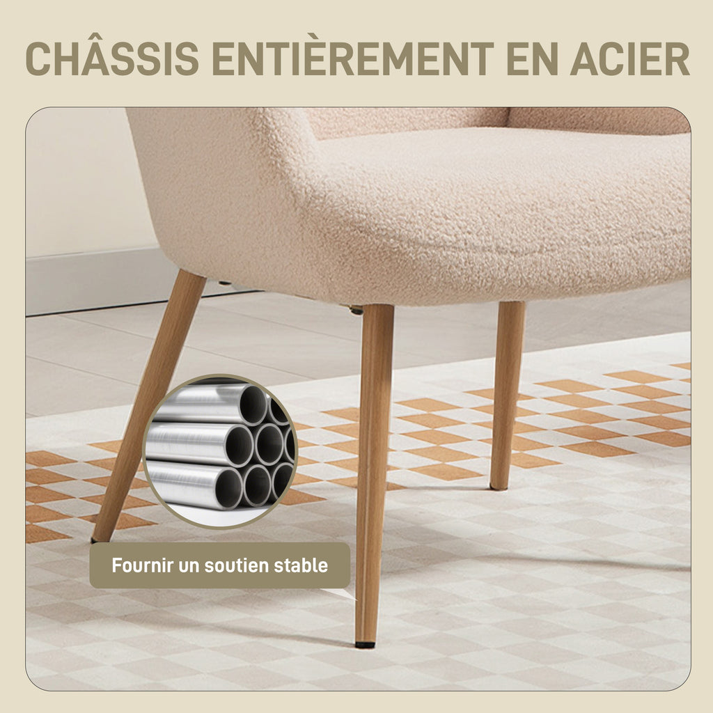 Fauteuil salon, fauteuil d'appoint rembourré en tissu bouclette avec haut dossier et accoudoirs, 71x74x97,5cm, beige-4