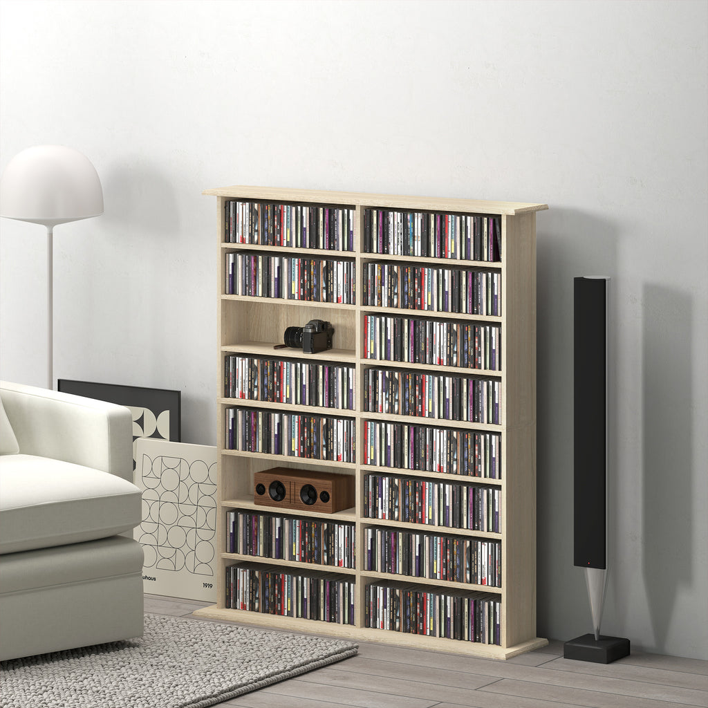 Rangements pour CD et DVD avec 16 compartiments et 12 étagères réglables capacité max. 720 CD/396 DVD et Blu-ray naturel-1