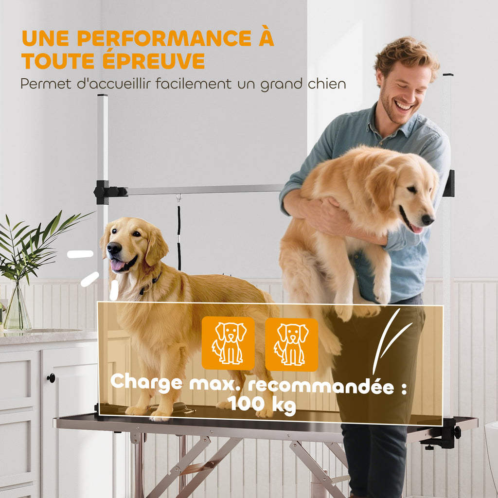 Table de toilettage pour chien pliante potence H-forme inox réglable 2 sangles panier 107 x 60 x 164 cm noir-4