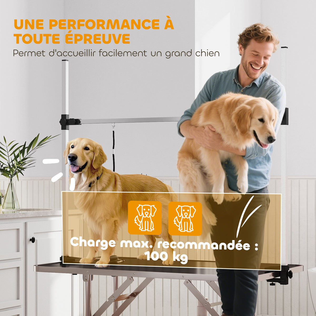 Table de toilettage pour chien pliante potence H-forme inox réglable 2 sangles panier 107 x 60 x 164 cm noir-4