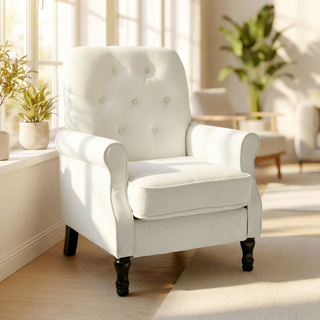 Fauteuil de salon, canapé 1 place avec assise rembourrée épaisse, coussin à ressorts, tissu en lin, 69x75x90cm, crème-8