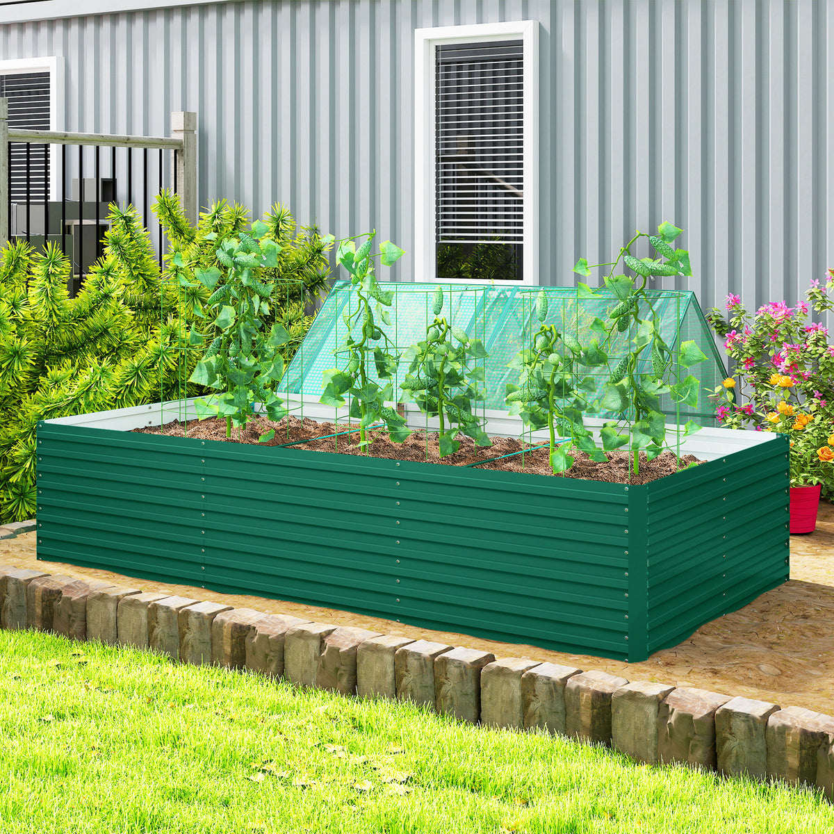 Jardinière surélevée galvanisée rectangulaire pour l'extérieur - fond ouvert - 240 x 120 x 60cm, vert-1