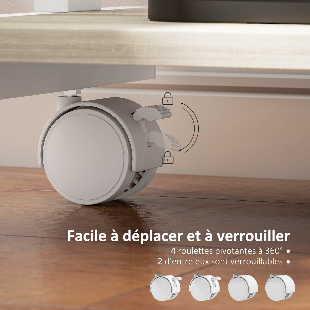 Bureau d'ordinateur sur roues, bureau avec rangement 56 x 51 cm avec tiroir, compartiment et support CPU, chêne-4