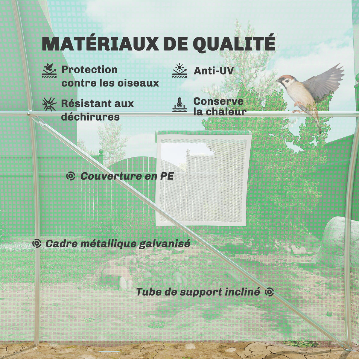 Serre de Jardin Tunnel 18 m² dim. 6L x 3l x 2H m - 8 fenêtres, Porte zippée Enroulable - châssis Tubulaire Acier galvanisé, bâche PE Haute densité Vert-3