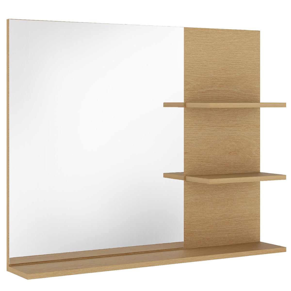 Miroir Salle de Bain avec 3 Étagères 60 x 48 cm, Miroir Mural Modern pour chambre à coucher, bureau, Chêne-0