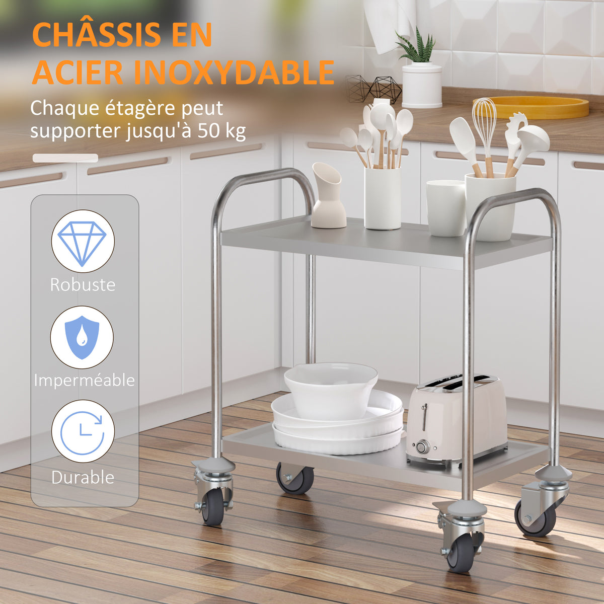 Chariot de service desserte de cuisine à roulettes 2 étagères 80L x 45l x 82H cm acier inox. chromé-6