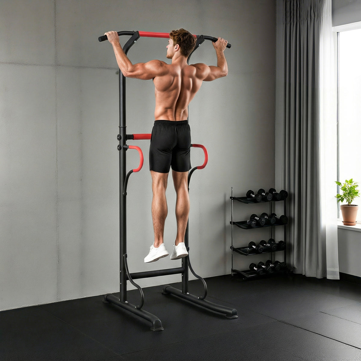 Station de musculation multifonctions barre de traction chaise romaine hauteur réglable acier noir rouge-1