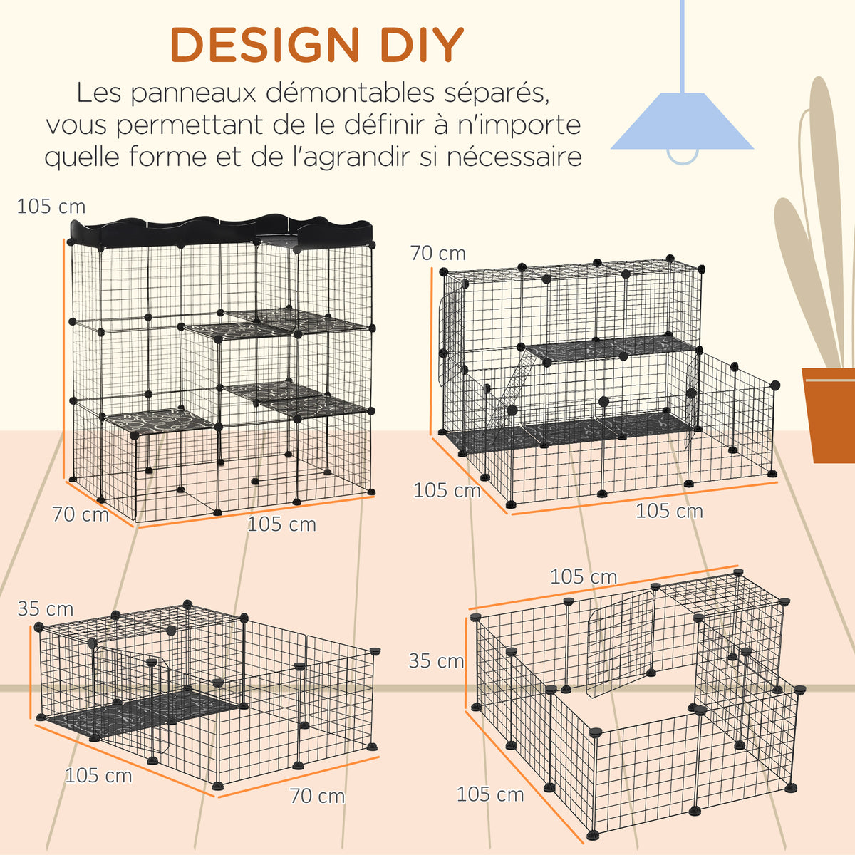 Lot de 2 cages parc enclos pour petits animaux chats visons modulable 3 niveaux 2 portes rampe fil métallique noir-3