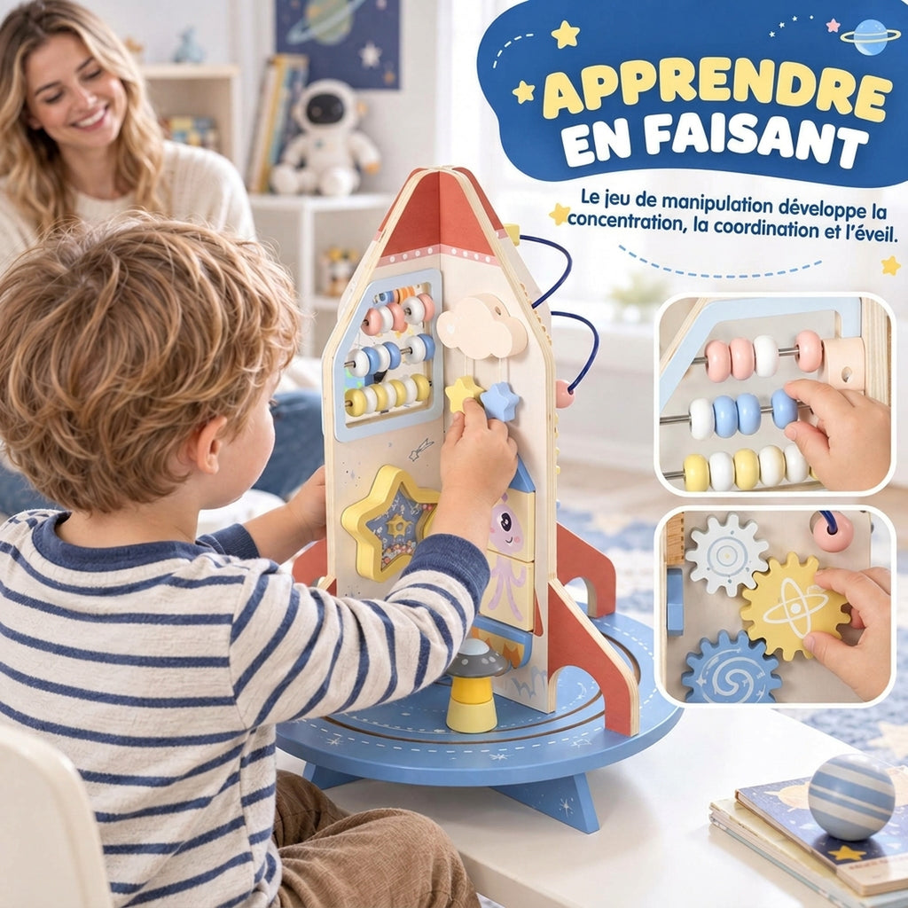 Cube d'Activités en Bois Thème Fusée, Cube Éducatif avec Trieur de Formes et Labyrinthe de Perles, pour 2 à 6 Ans-5