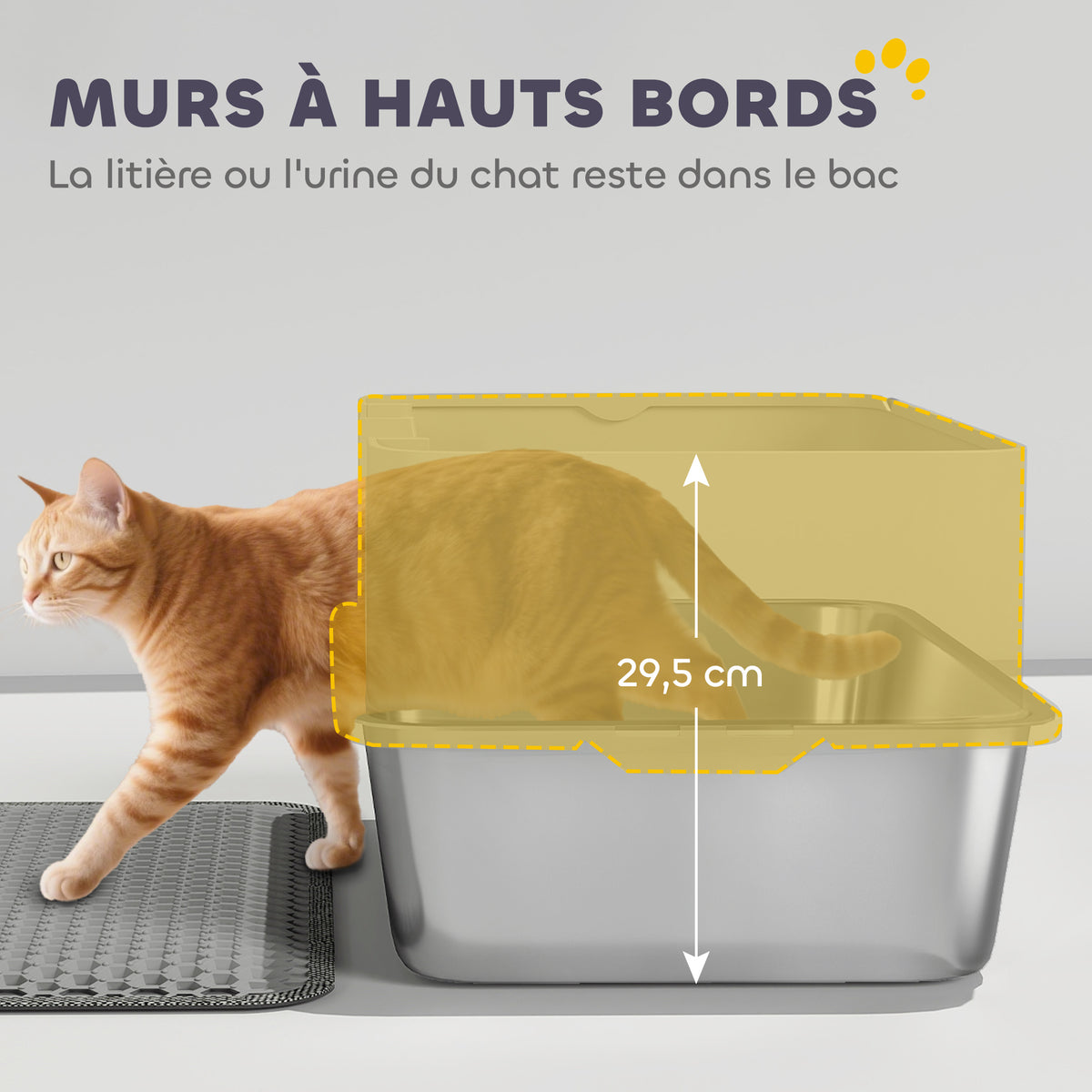 Bac à litière XL en acier inoxydable, maison de toilette pour grand chat, nettoyage facile 60,2 x 40,2 x 29,5 cm, gris-4