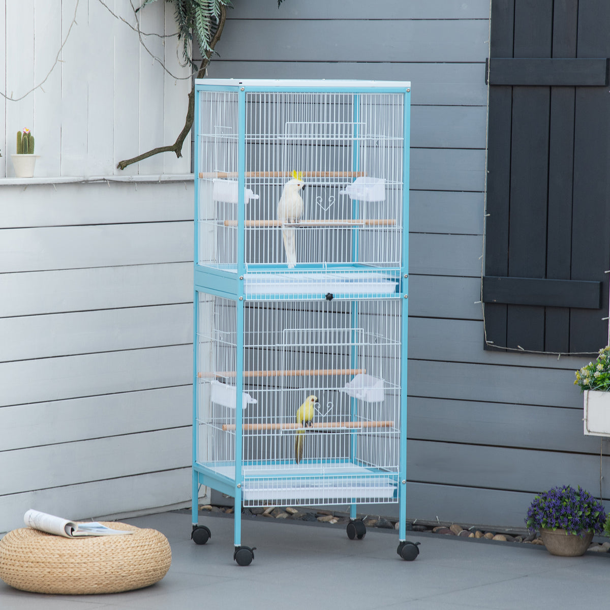 Grande Cage à Oiseaux sur Pied Double avec Mangeoires Perchoirs Plateau Amovible Roulettes 51,5 x 50 x 140 cm Bleu Clair-9