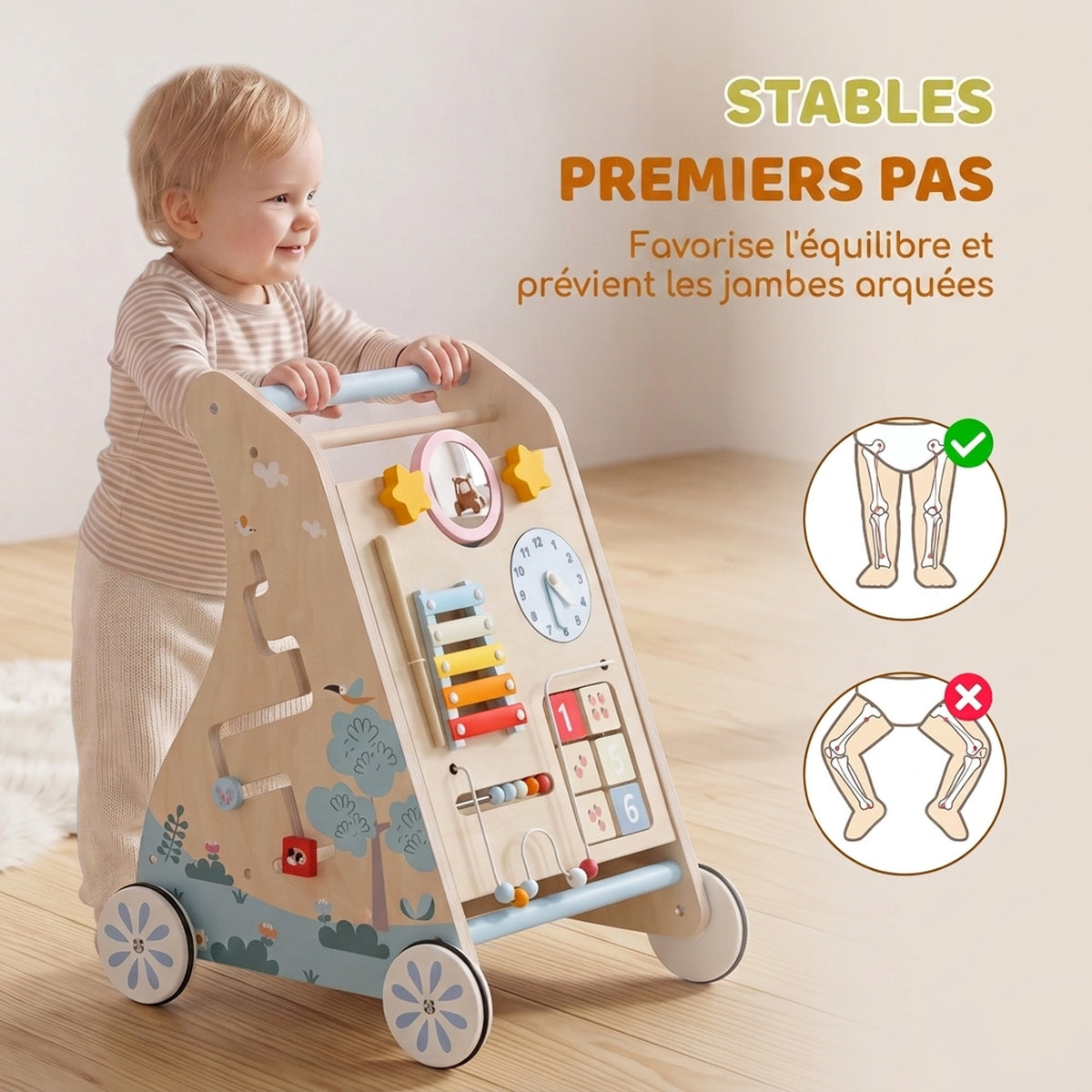 Trotteur Bebe en Bois, Chariot de Marche Bébé, Centre d'Activités Double Face Amovible, Espace de Rangement, Naturel-5