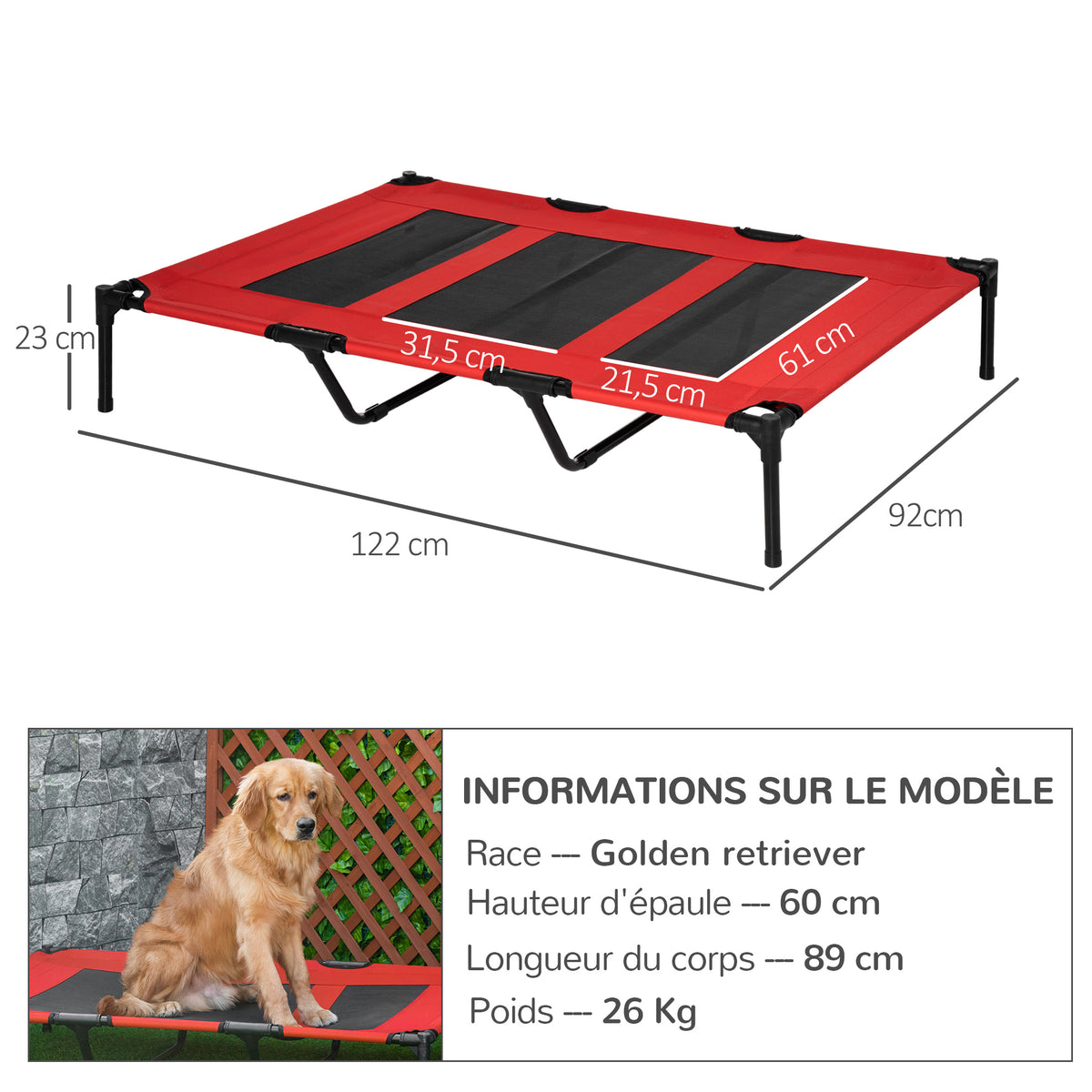Lit sur pieds XXL pour chien chat lit de camp animal 122L x 92l x 23H cm rouge-2