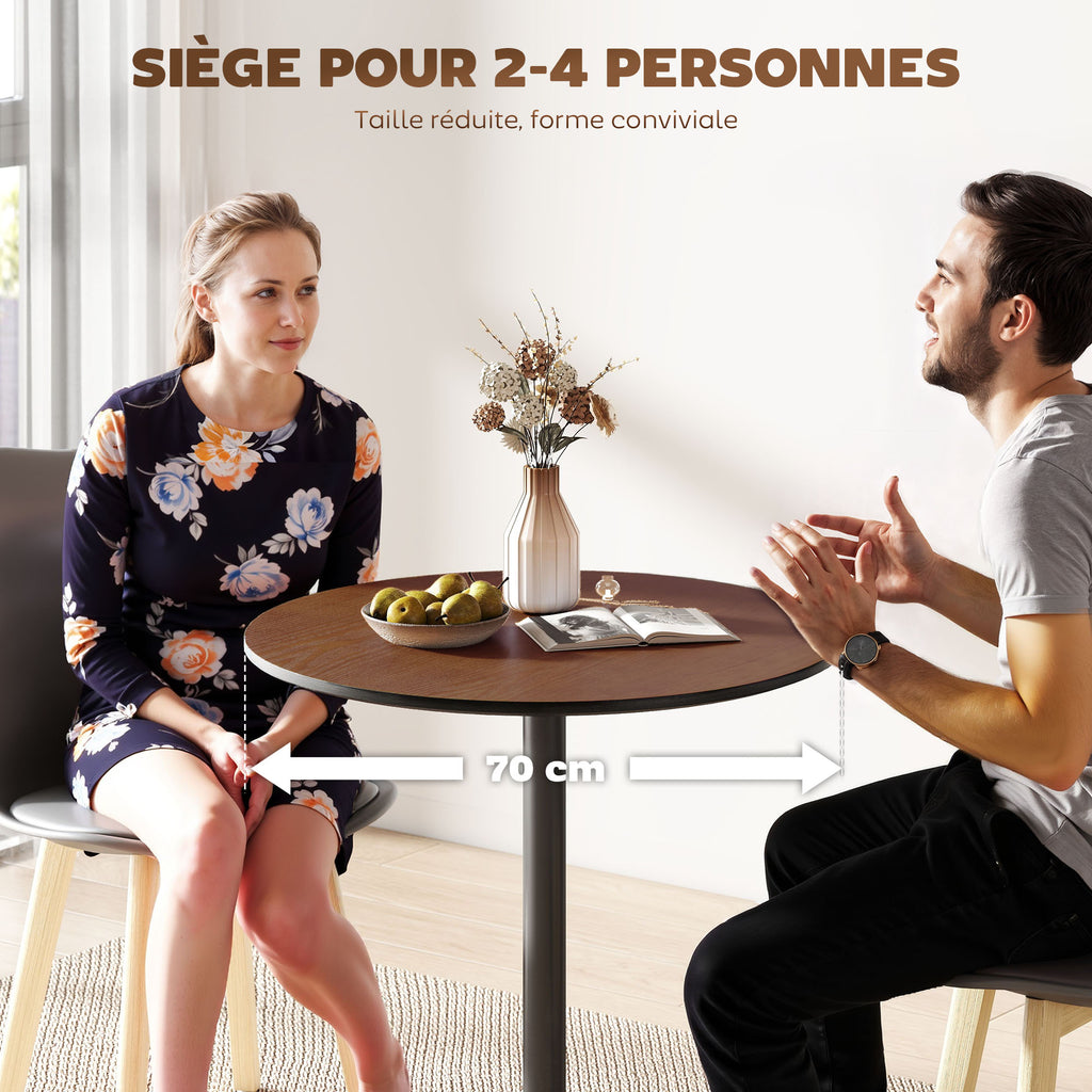 Table à manger ronde 70 cm pour 2 personnes avec plateau en placage de bois massif et piétement en acier marron-4