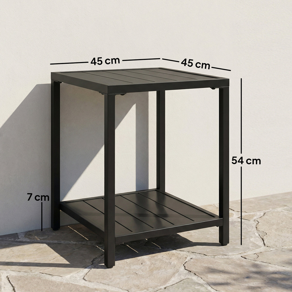 Table basse extérieure à 2 niveaux en métal, table de jardin carrée avec étagère de rangement, 45 x 45 x 54 cm, noir-2