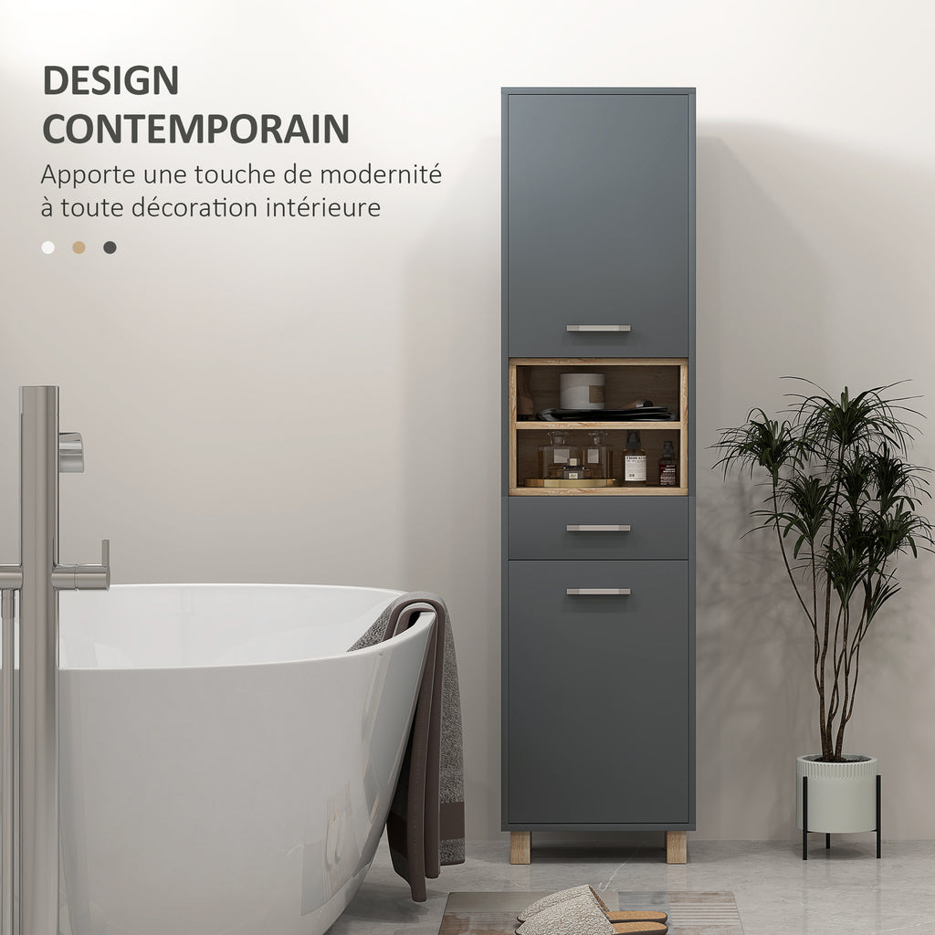 Colonne salle de bain, meuble salle de bain rangement avec 2 placards, tiroir et 2 compartiments ouverts, gris-4