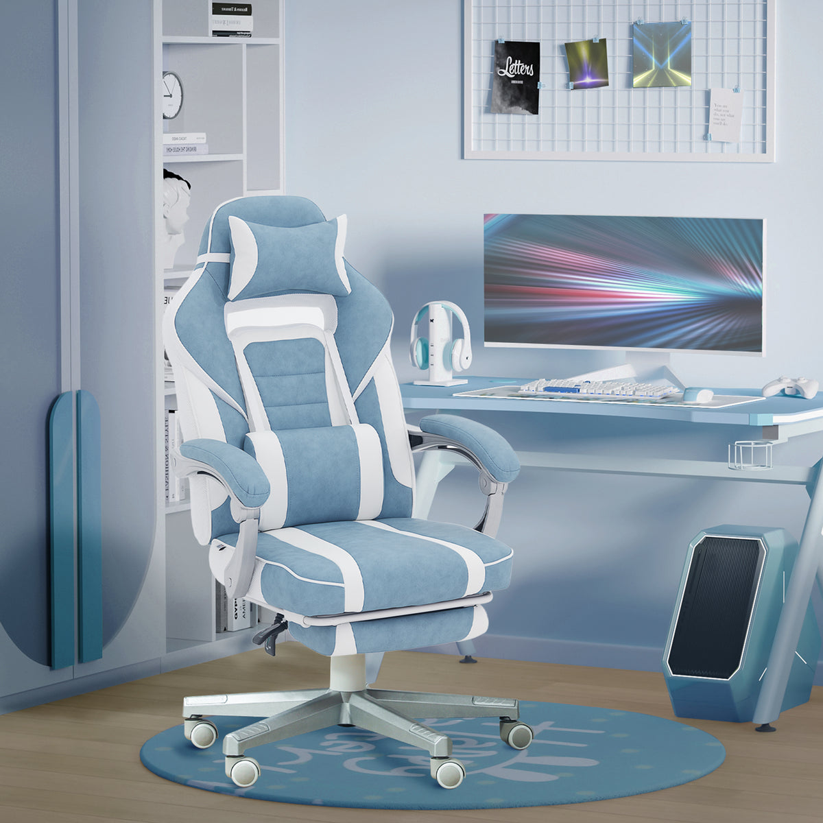 Chaise gaming, fauteuil gaming ergonomique avec repose-pieds, hauteur réglable, dossier inclinable, 63x63x123cm, bleu-1