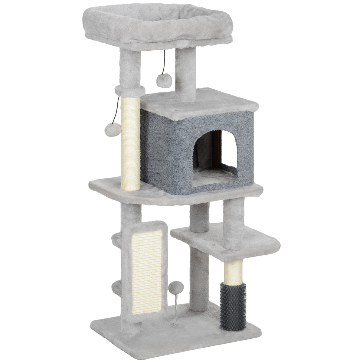 Arbre à chat, tour de jeux, hauteur de 104 cm, avec lit maison, brosse de toilettage,  44l x 34P x 104H cm, gris clair-0
