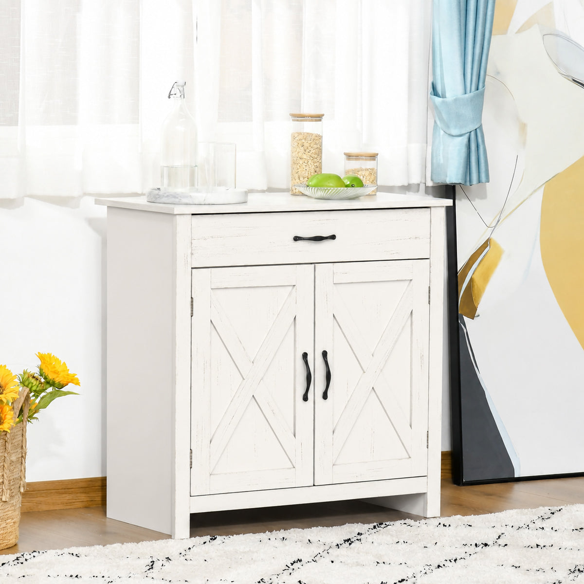 Buffet salon, meuble de rangement avec tiroir, 2 portes de grange et étagère réglable, 80 x 39,7 x 80 cm, blanc-9