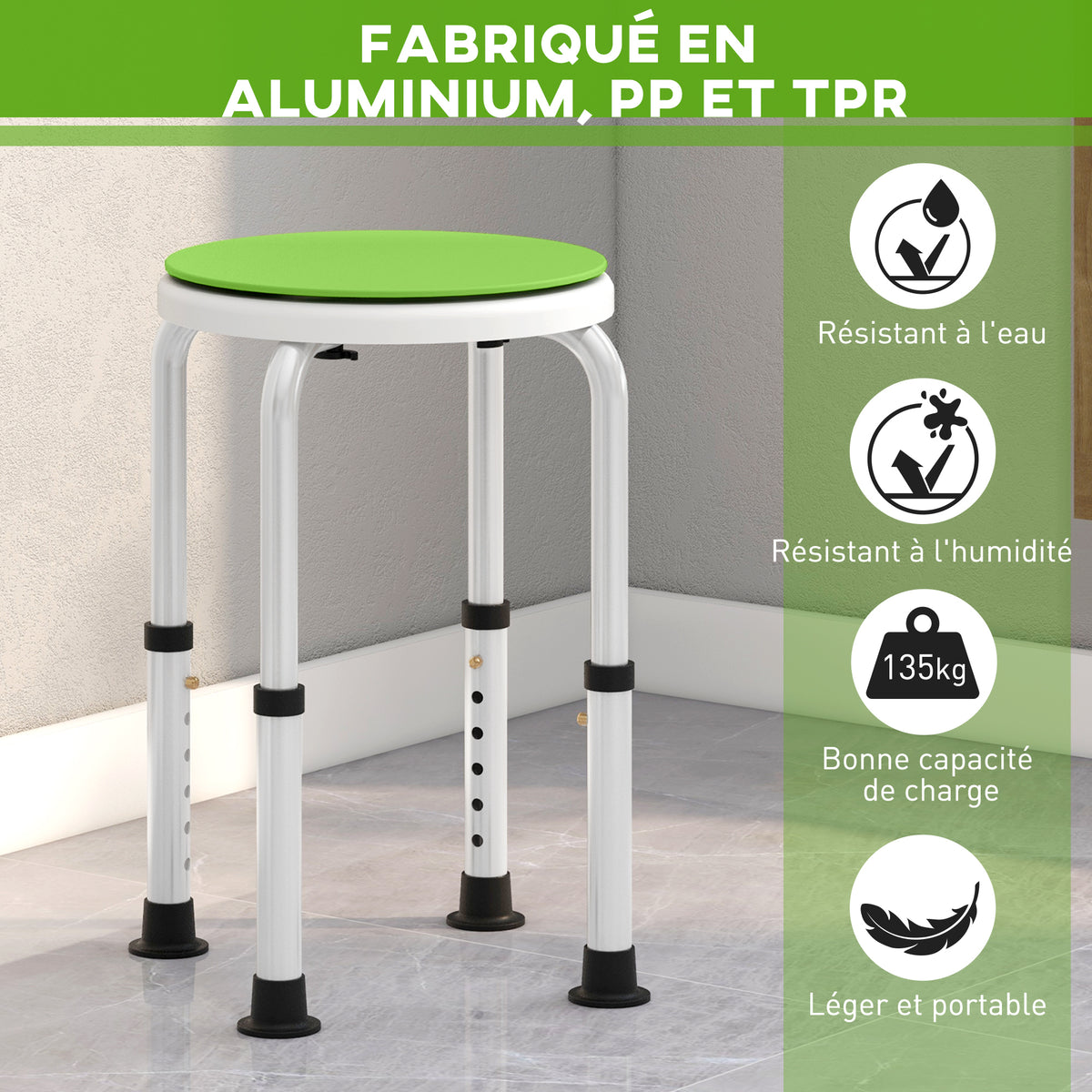 Tabouret de douche siège de douche antidérapant tabouret de bain hauteur réglable pivotant à 360° en aluminium-4