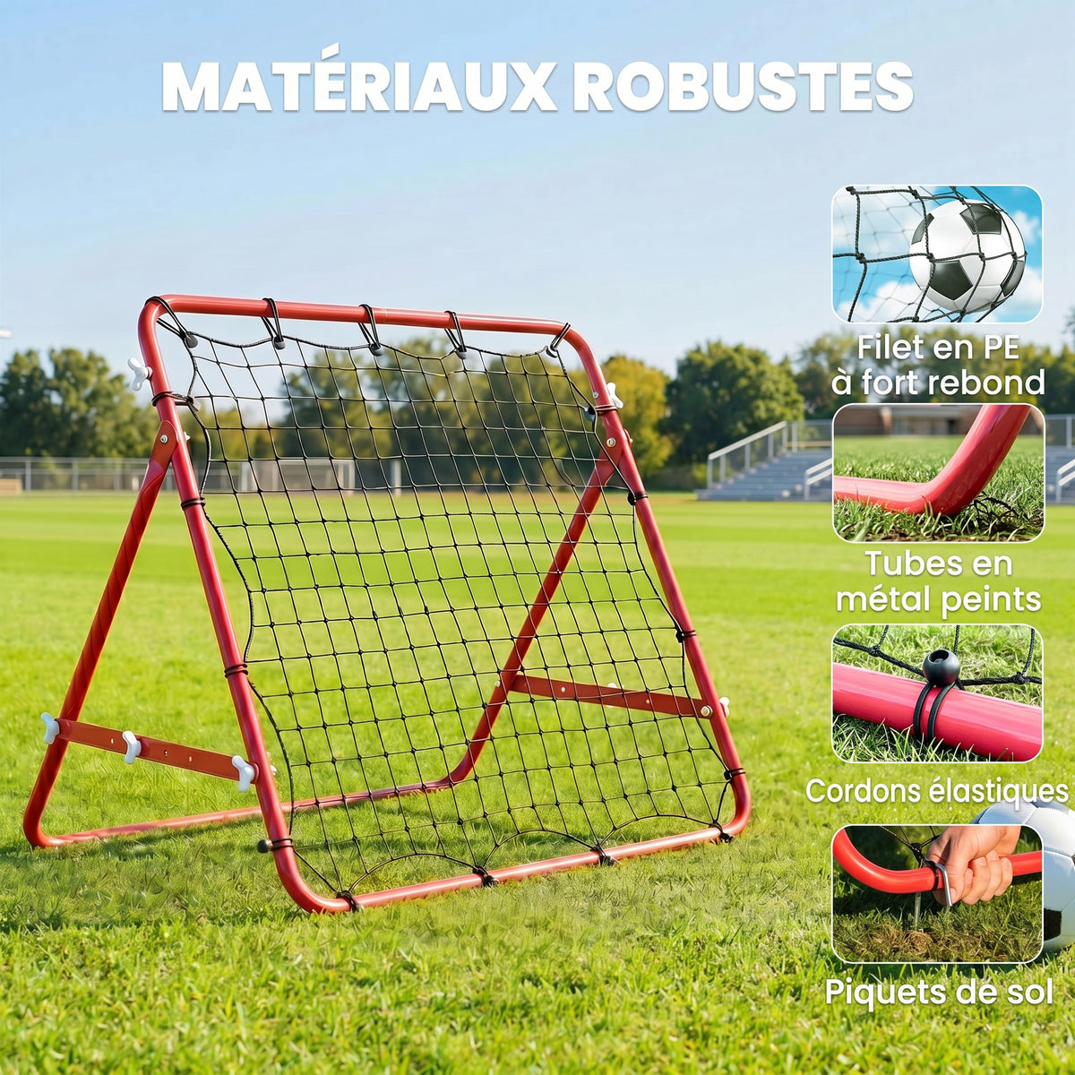 Filet de rebond en métal angle réglable et 20 cordes élastiques pour entraînement de football, tennis, handball 96x80x96-3