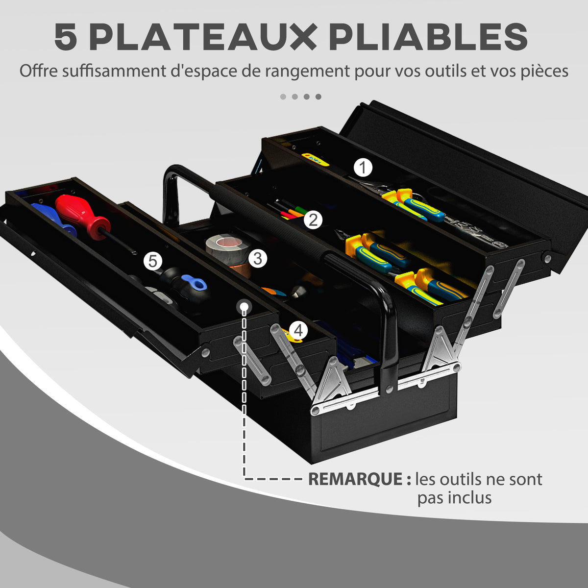 Boite à outils métallique - coffret à outils - caisse à outils 3 niveaux 5 plateaux rétractables - tôle acier noir-4