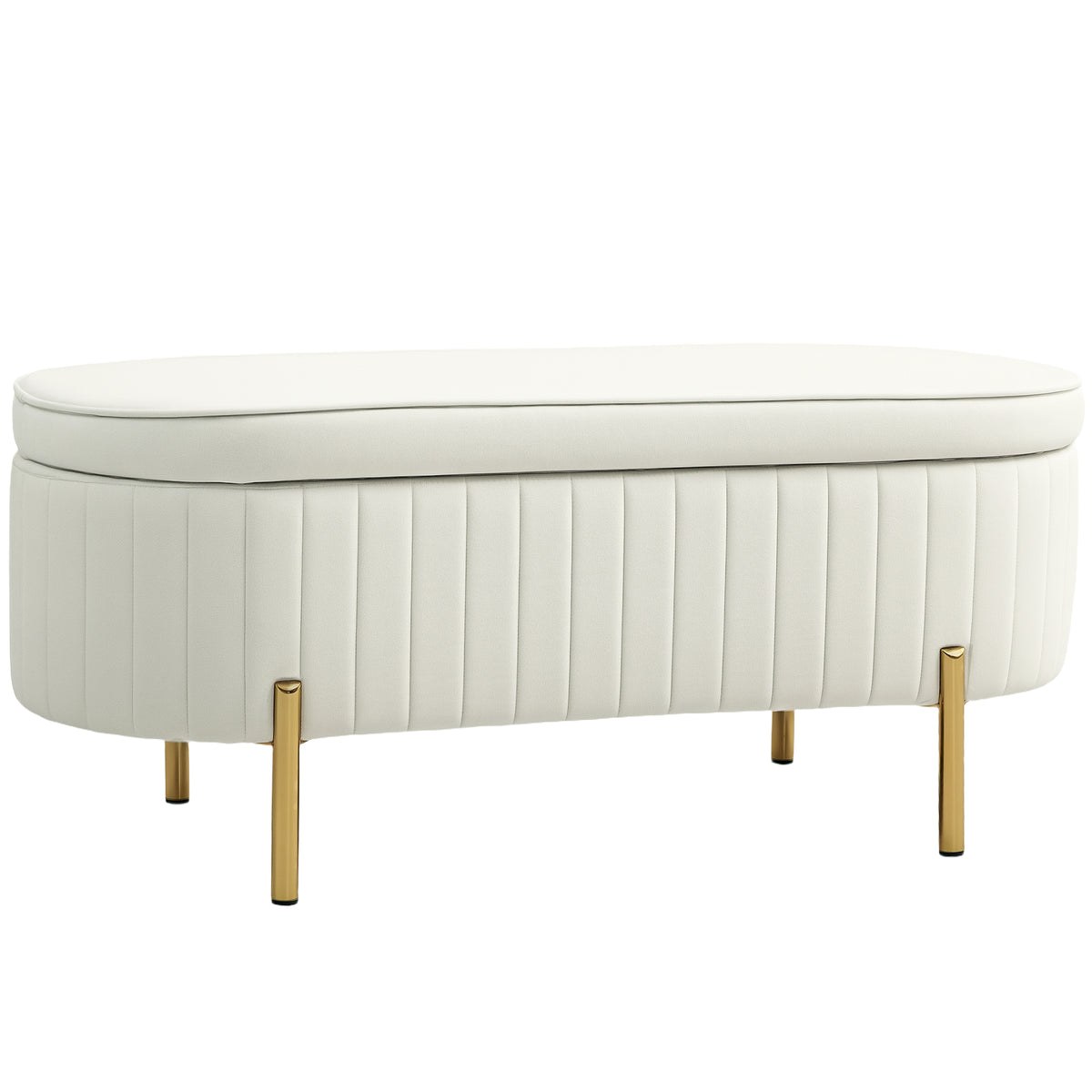Banc de rangement, bout de lit en velours avec couvercle, pieds en métal, capacité 72 L, 107x42x45,5cm, crème-0
