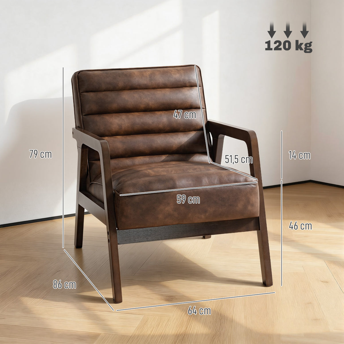 Fauteuil salon, fauteuil d'appoint rembourré en PU avec large assise, coussin épais et structure en bois massif, marron-2