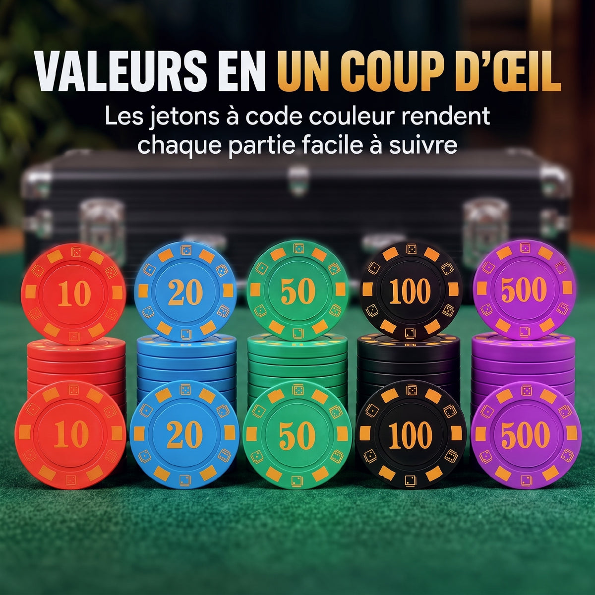 Mallette de Poker 500 Jetons 5 Valeurs, 2 Jeux de Cartes, Tapis de Jeu, Bouton Dealer, Blind, Alu, 31x17x11,5cm, Noir-4