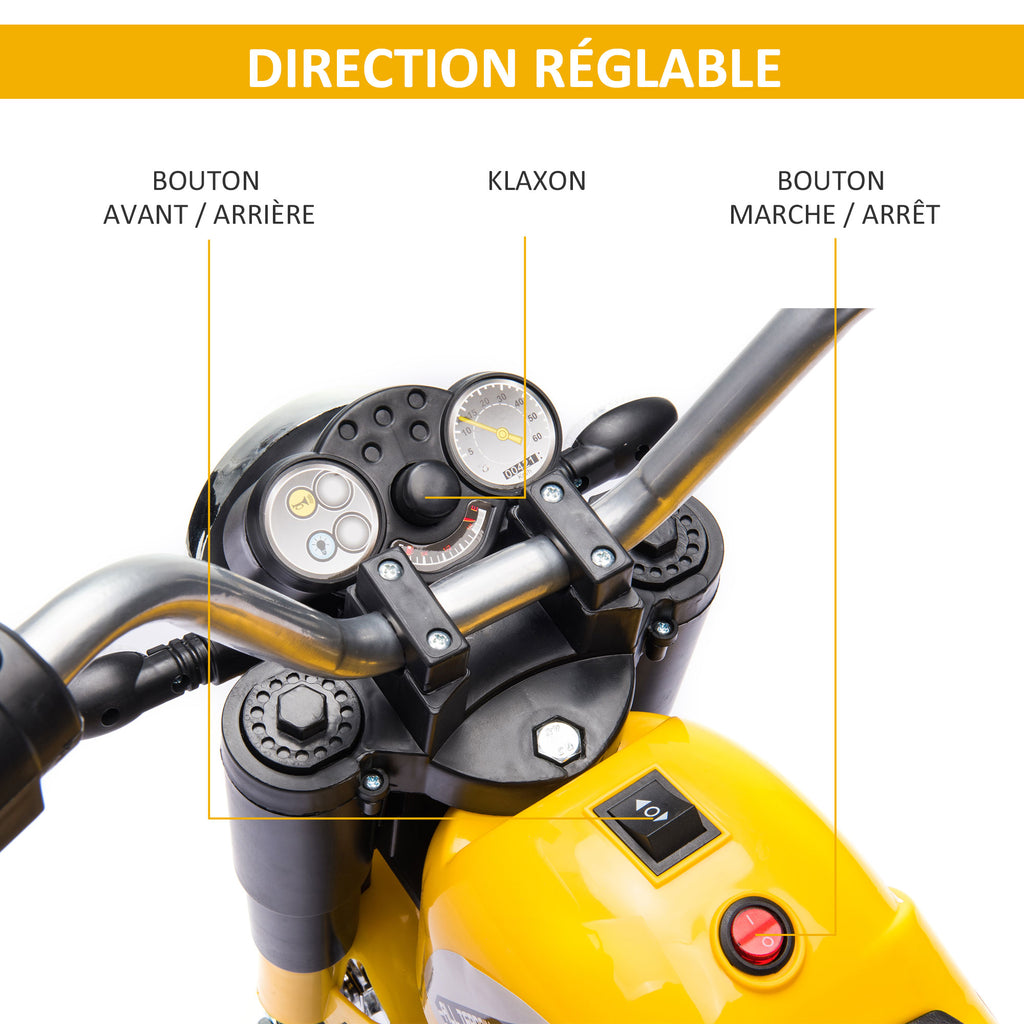 Moto électrique Enfant Chopper Tout-Terrain 6 V 20 W Marche AV AR 3 Roues Effets Lumineux et sonores Jaune Noir-3