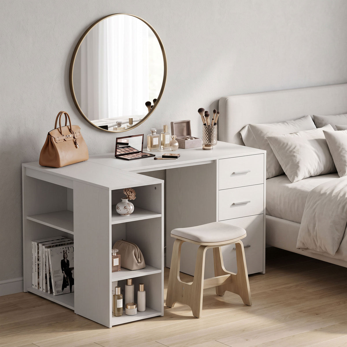 Bureau d'Angle, Bureau Informatique en L, 3 Tiroirs, 5 Compartiments Ouverts, Étagères Réglables, 140x100x75cm, Blanc-8