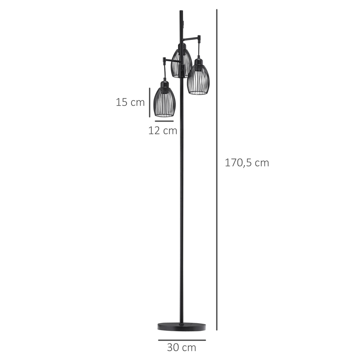 Lampadaire style industriel 40 W max. 3 abat-jours en métal filaire luminosité réglable - ampoule E27 - noir-2