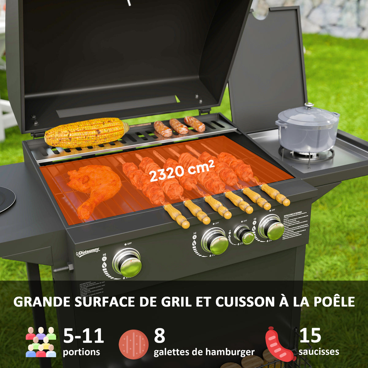 Barbecue gaz 3+1 brûleurs en acier, puissance 9,5 kW, barbecue de jardin 2 grilles étagères latérales, 2 roues, noir-3