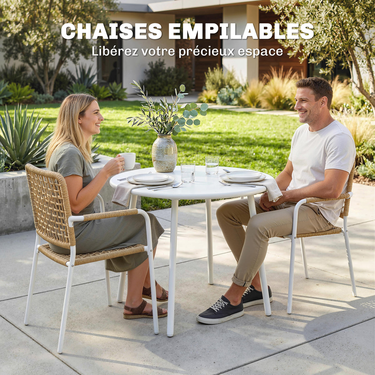 Lot de 2 Chaises de Jardin Empilables en Résine Tressée avec Accoudoirs et Dossier, 55x57x82cm, Jaune-3