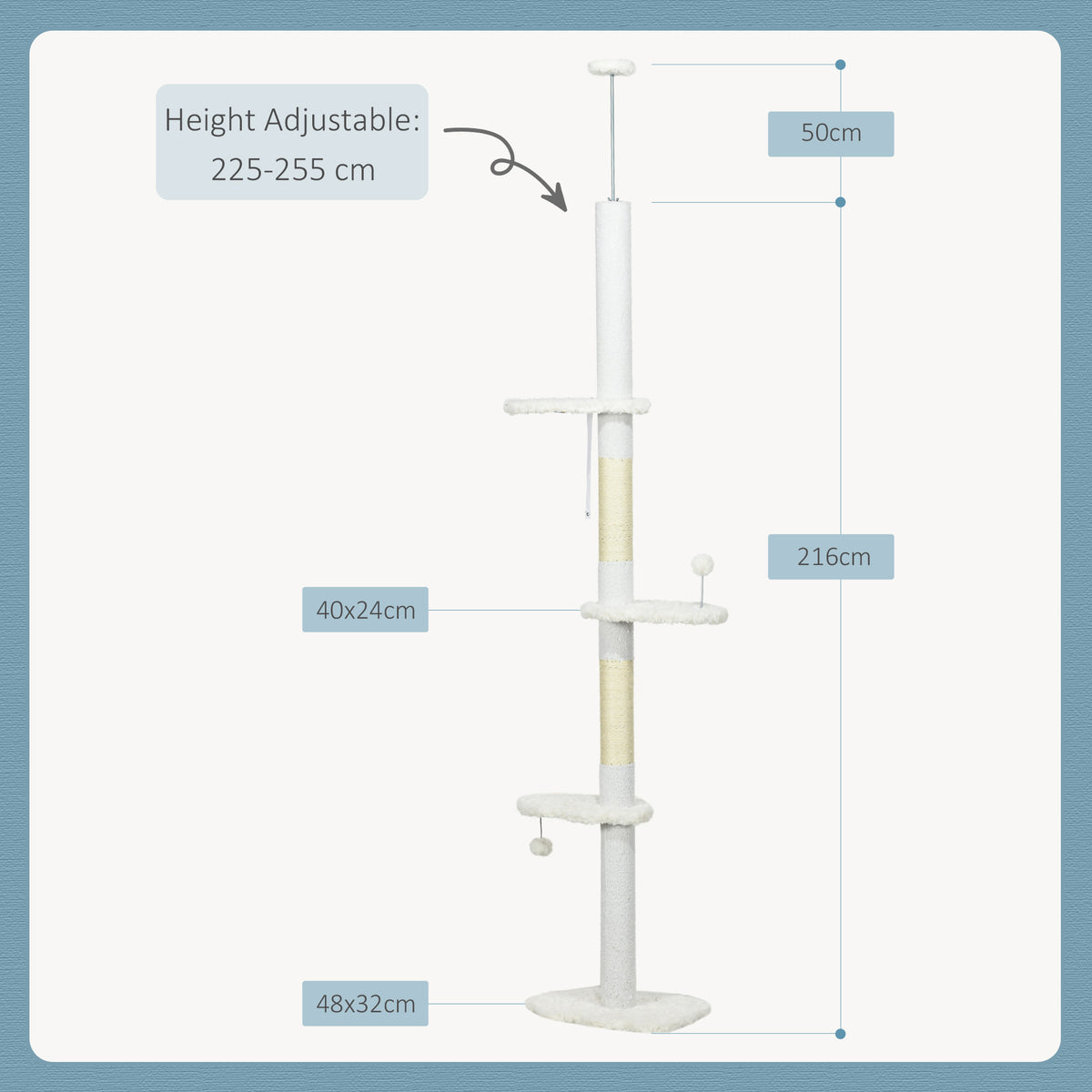 Arbre à chat 225-255 cm réglable en hauteur Tour pour chat 3 griffoirs et 2 balles 48x32x225-255 cm blanc-2