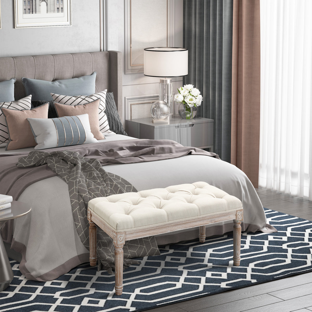 Banc Banquette classique capitonné 80cm bout de lit Rembourrée en lin - bois d'hévéa sculpté, patiné - Crème-1