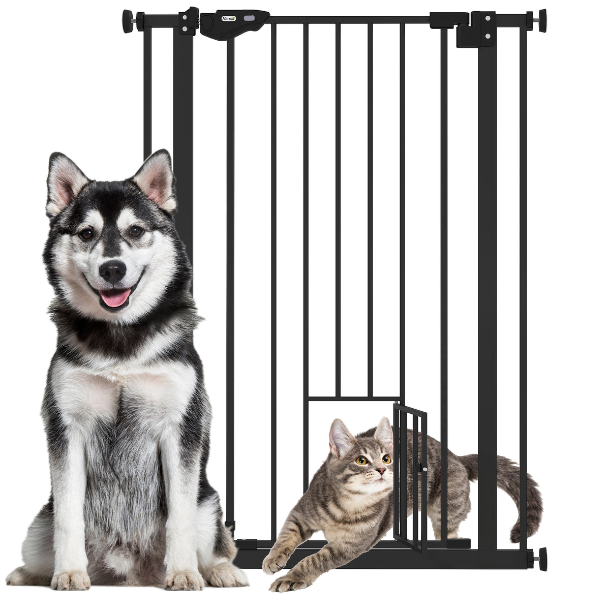 Barrière de sécurité animaux de 104H cm conception haute avec porte chat fermeture automatique système de double verrouillage sans percage de 74 à 80 cm acier noir-0