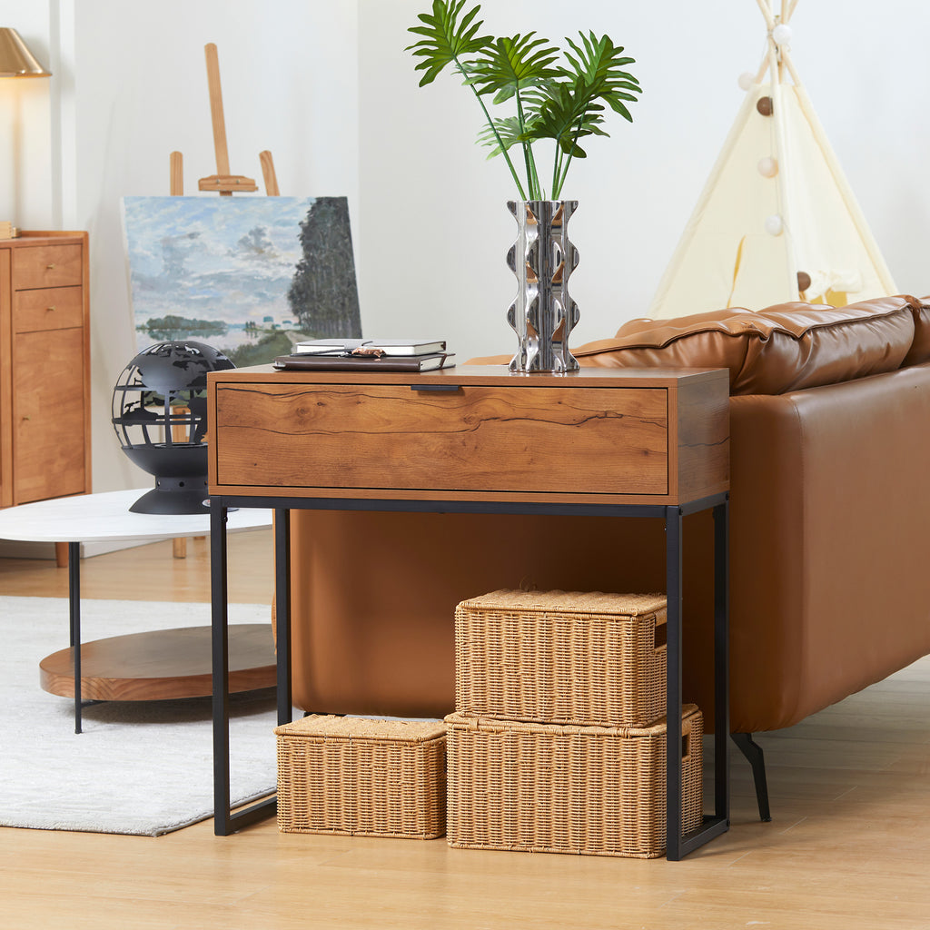Console meuble, table console avec tiroir et pieds en acier, pour salon, entrée, couloir, 80 x 30 x 76 cm, marron-1