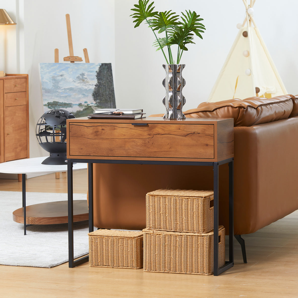 Console meuble, table console avec tiroir et pieds en acier, pour salon, entrée, couloir, 80 x 30 x 76 cm, marron-1