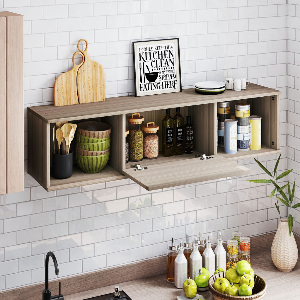 Meuble TV suspendu, Armoire murale avec 2 compartiments ouverts et porte rabattable, 120 x 30 x 29,5 cm, marron-7