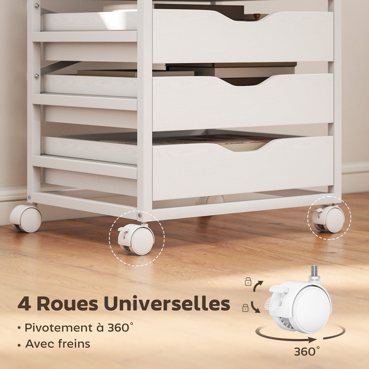 Caisson bureau mobile, meuble rangement sur roulettes bois avec 5 tiroirs, poignées encochées, 50 x 40 x 74,5 cm , blanc-4