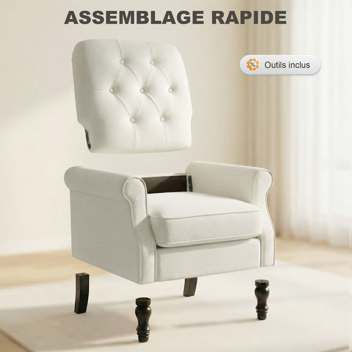 Fauteuil de salon, canapé 1 place avec assise rembourrée épaisse, coussin à ressorts, tissu en lin, 69x75x90cm, crème-5