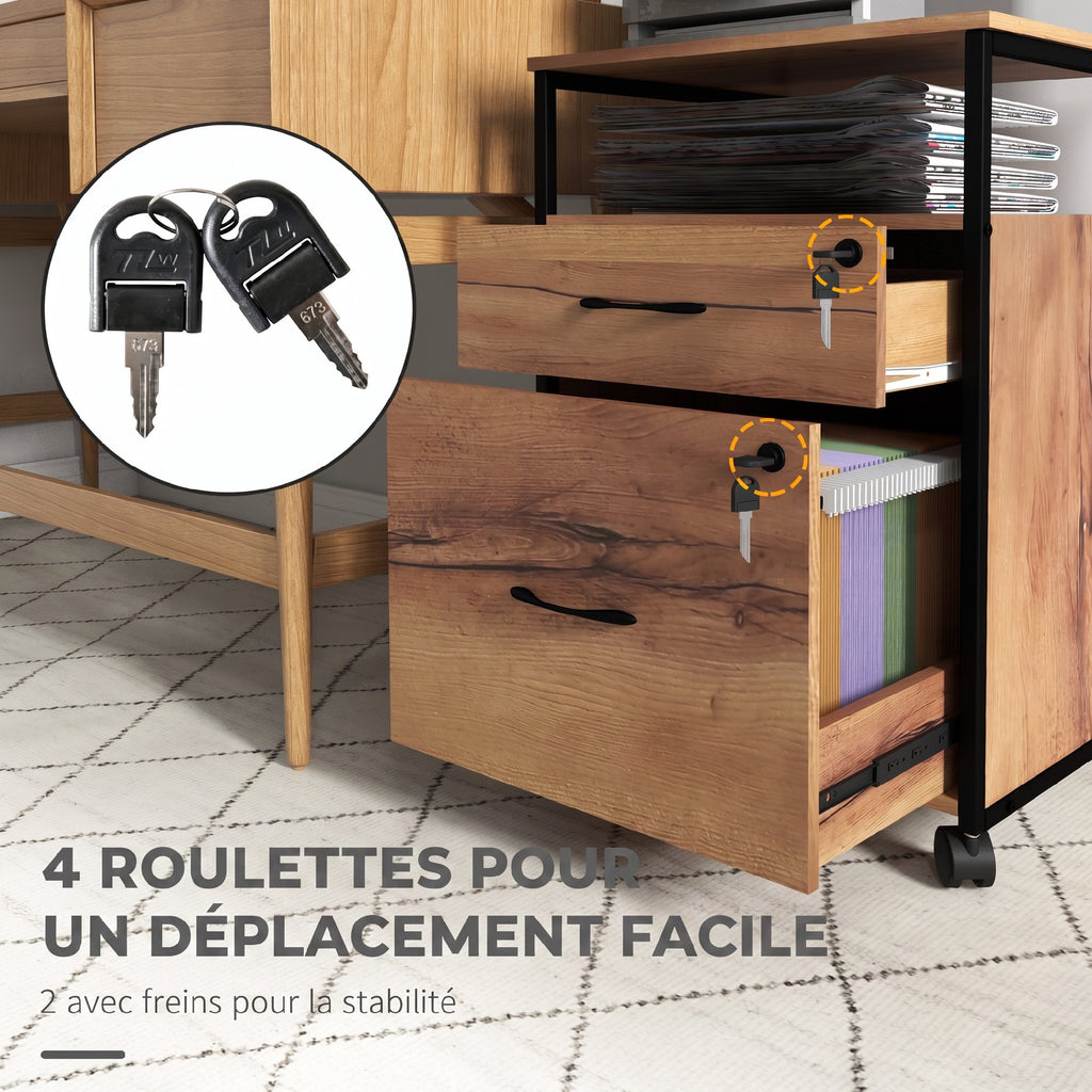 Caisson bureau mobile avec 2 tiroirs, meuble rangement bureau sur roulettes avec barres pour dossiers, marron-6