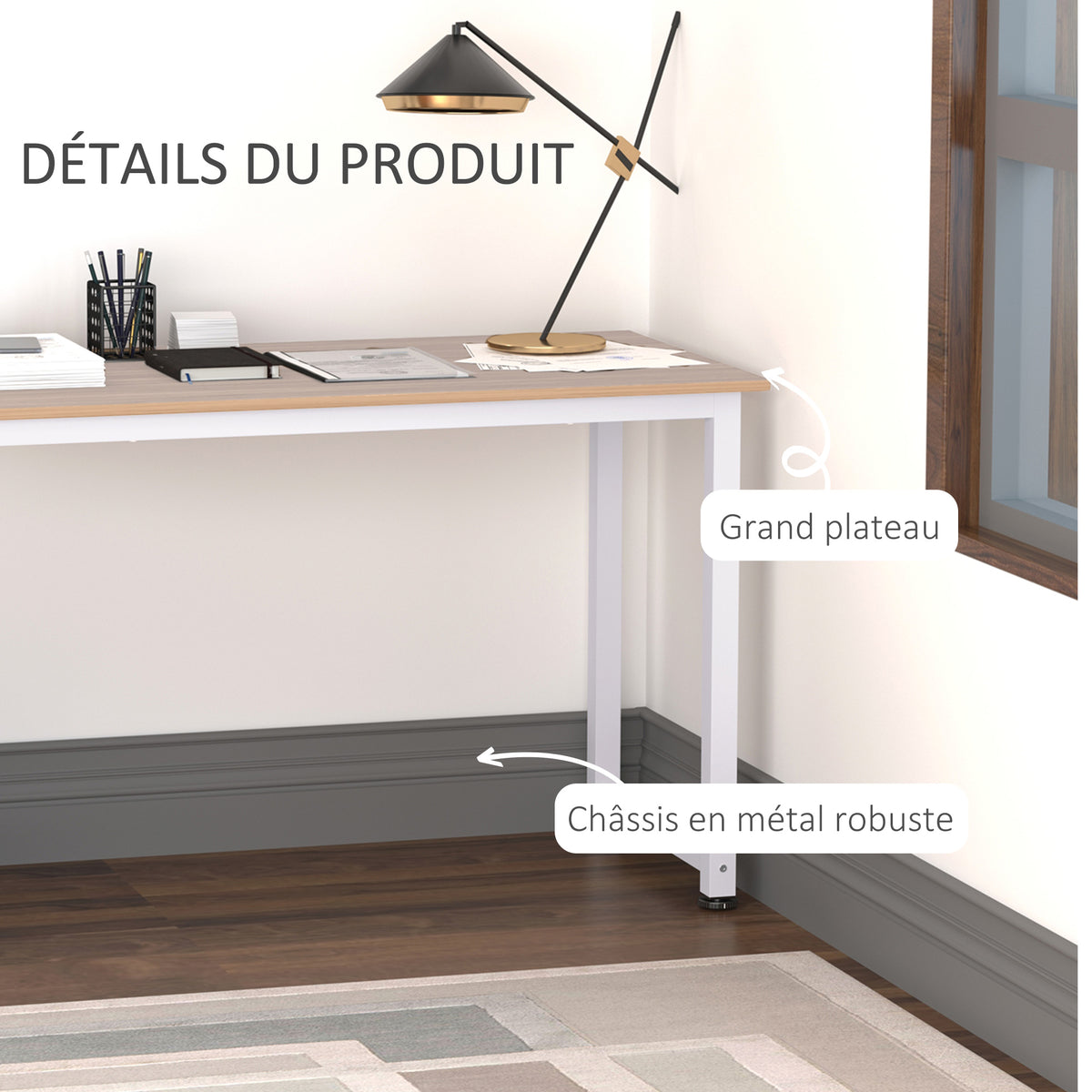 Table ordinateur table salle à manger 120x60x76cm chêne et Blanc Multifonction Grand Plateau Cadre Robuste métal-4