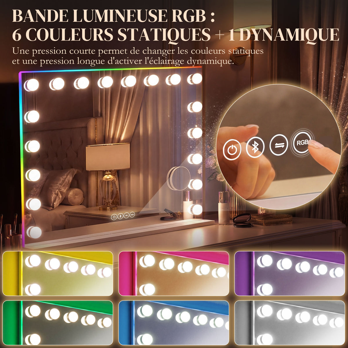 Miroir maquillage Hollywood 18 ampoules LED, 3 couleurs d'éclairage, lumière RGB, haut-parleur Bluetooth, blanc-5