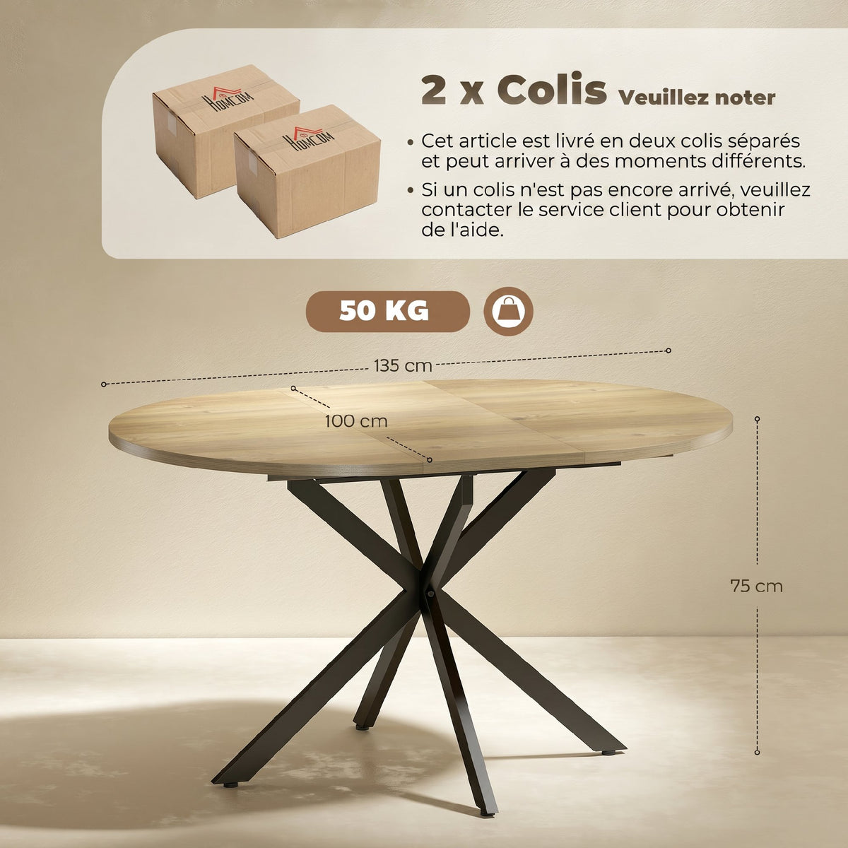 Table à manger extensible ovale pour 4 à 6 personnes, table de cuisine avec rallonge 100-135 cm, effet bois naturel-2